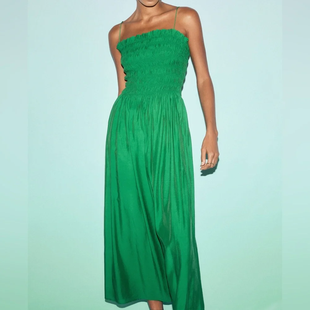 H&M Smocked-Bodice Strappy Green Dress - Picture 2 of 7